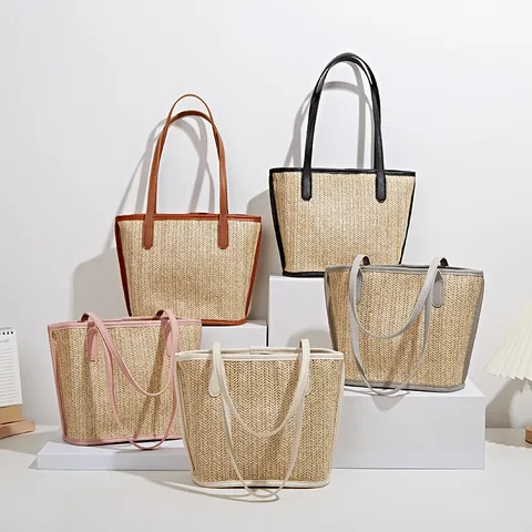 Women's Straw Woven Tote Bag And Pouch With PU Leather Handles Summer Beach Shoulder Bag Casual Vacation Handbag