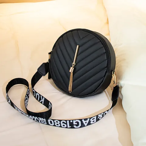 Women Fashion Round Crossbody Bag V Quilting PU Leather Shoulder Bag With Gold Tassel And Wide Letter Printed Web Strap