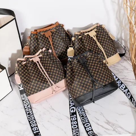 Women Retro Monogram Bucket Bag Contrast Color Drawstring Handbag With Wide Letter Strap PU Leather Shoulder Crossbody Bag