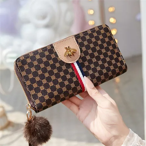 Damen Lange Brieftasche PU Leder Reißverschluss Geldbeutel Biene Metall Dekor Band Streifen Pom Pom Handgelenktasche Clutch Mode Handtasche