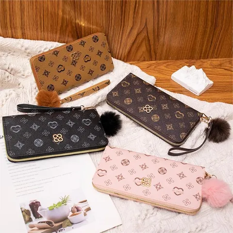 Women's Long Zip Around Wallet Monogram Printed PU Leather Clutch Purse With Pompom And Four-Leaf Clover Metal Buckle