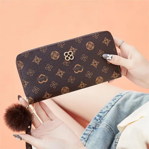 Women's Long Zip Around Wallet Monogram Printed PU Leather Clutch Purse With Pompom And Four-Leaf Clover Metal Buckle