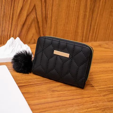 Cartera Corta de Cuero PU Acolchada para Mujer Con Llavero de Pompón Bordado de Hoja de Arce Monedero con Cremallera Tarjetero Pequeño