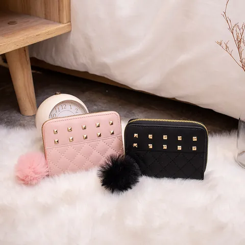 Women's Small Quilted PU Leather Wallet With Metal Studs And Pom Pom Keychain Short Zip Around Coin Purse