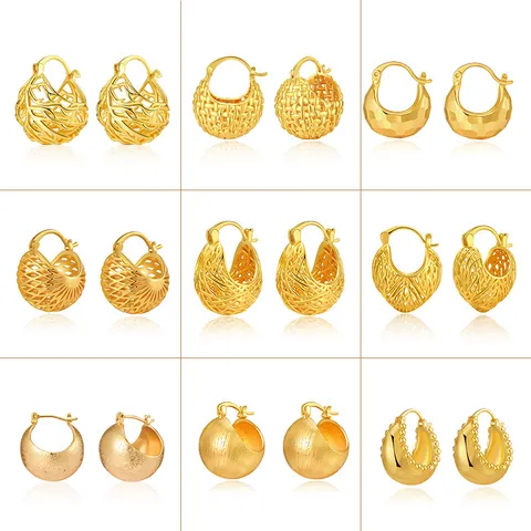 18K Gold Plated Brass Hoop Earrings Vintage Hollow Out Woven Mesh Ball Geometric Earrings For Women Party Daily Jewelry
