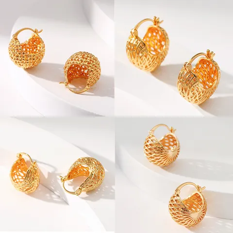18K Gold Plated Brass Hoop Earrings Vintage Hollow Out Woven Mesh Ball Geometric Earrings For Women Party Daily Jewelry