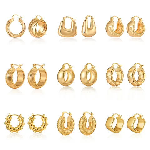 18K Gold Plated Brass Chunky Hoop Earrings For Women Irregular Ribbed Geometric Hollow Out Metal Statement Jewelry