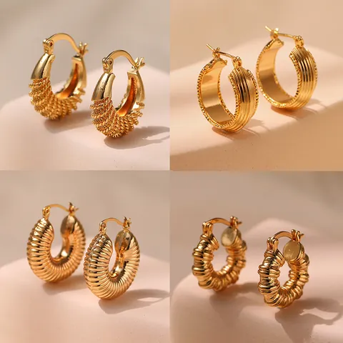 18K Gold Plated Brass Chunky Hoop Earrings For Women Irregular Ribbed Geometric Hollow Out Metal Statement Jewelry