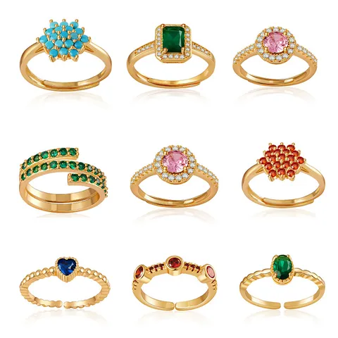 Bague Ouverte Ajustable en Cuivre Plaqué Or Minimaliste pour Femme Cœur Géométrique Zircon Incrusté Bijoux de Mode