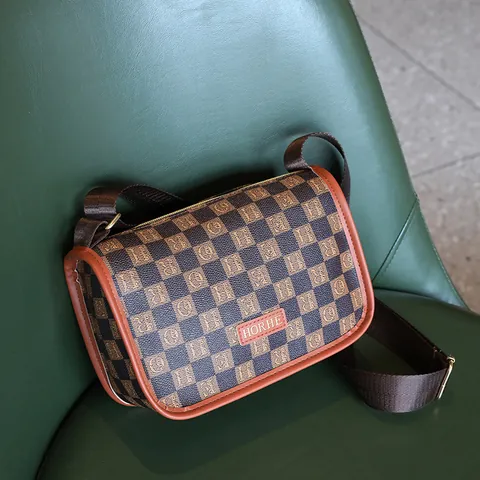 Women Fashion PU Leather Crossbody Bag Checkerboard Letter Print Square Camera Bag With Adjustable Wide Webbing Strap