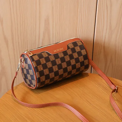 Women Fashion PU Leather Cylinder Crossbody Bag Vintage Checkered Monogram Small Shoulder Handbag Casual Mobile Phone Purse
