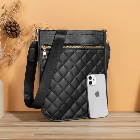 Damen Gesteppte Handytasche Umhängetasche PU Leder Zweischichtiger Reißverschluss Kleine Schultertasche Mit Breitem Gurt Mode Geldbörse