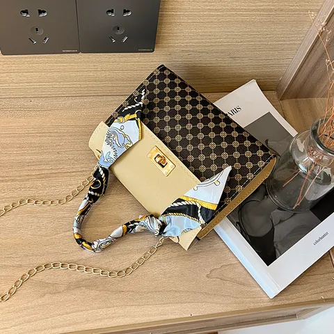 Women Vintage PU Leather Patchwork Crossbody Bag With Silk Scarf Decor Handbag Metal Lock Chain Strap Small Square Bag