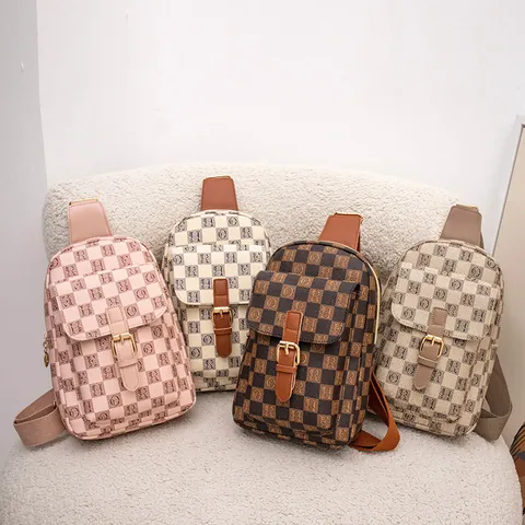 Women Retro PU Leather Checkerboard Chest Bag With Letter Print Flip Buckle Casual Crossbody Shoulder Bag Fanny Pack