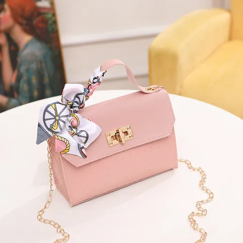 Women Fashion PU Leather Woven Pattern Crossbody Bag With Satin Scarf Handle Elegant Gold Chain Small Square Bag