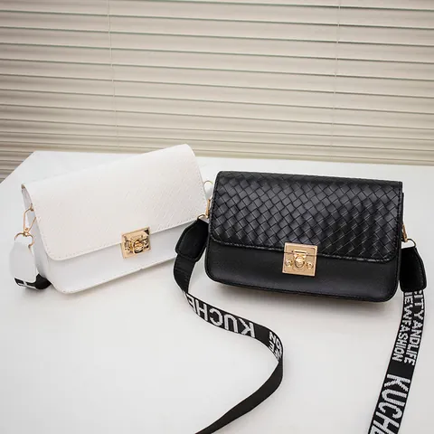 Women Woven Texture Flap Crossbody Bag With Wide Letter Print Strap Gold Metal Lock Casual Mini Square Shoulder Bag