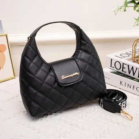 Women Quilted Rhombic Hobo Handbag Fashion PU Leather Shoulder Bag With Lettered Wide Strap Elegant Crossbody Phone Bag