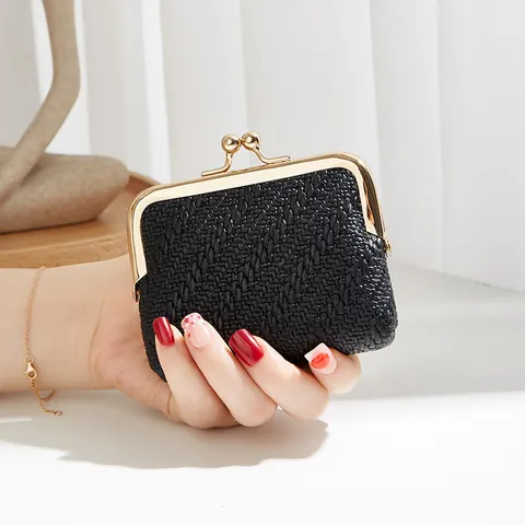 Women Vintage PU Woven Embossed Mini Kiss-lock Coin Purse Elegant Metal Frame Small Money Bag Jewelry Storage Pouch Wallet