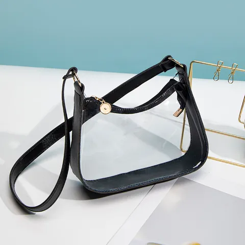 Sac Sous l'Aisselle à la Mode en PVC Transparent pour Femmes Bordure en Cuir PU Sac à Épaule avec Fermeture Éclair en Métal Petit Sac Tote