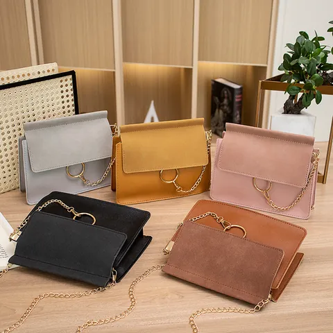 Women's Small Square Crossbody Bag PU Leather Suede Patchwork Metal Ring Chain Decorative Shoulder Bag Daily Casual Bag For Women