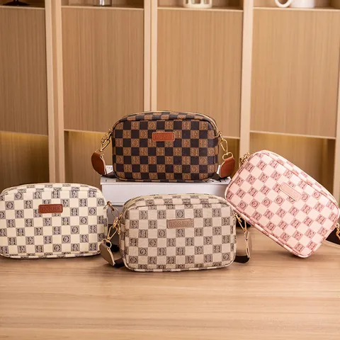 Women Casual Plaid Letter Print Camera Bag Small Square Crossbody Bag With Adjustable Wide Ribbon Strap PU Handbag