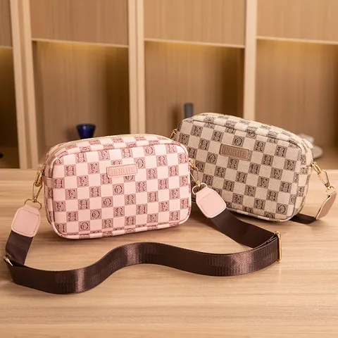 Women Casual Plaid Letter Print Camera Bag Small Square Crossbody Bag With Adjustable Wide Ribbon Strap PU Handbag