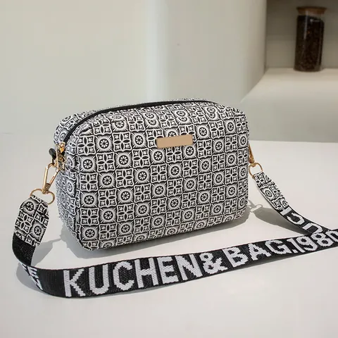 Vintage Geometrische Bedrukte Cameratas Voor Dames Mode PU Leer Kleine Vierkante Schoudertas Met Brede Jacquard Band