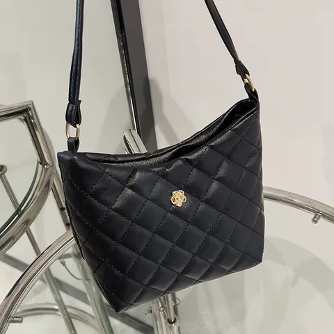 Women Quilted Rhombus Bucket Bag PU Leather Flower Decoration Small Shoulder Crossbody Bag Casual Simple Handbag For Ladies