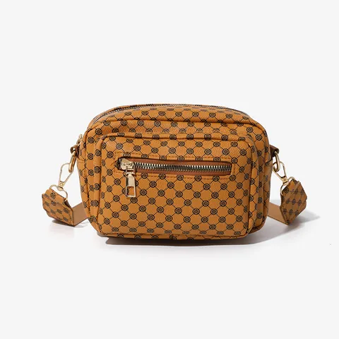 Vintage PU Leer Geometrisch Monogram Crossbody Tas Voor Vrouwen Dubbele Rits Cameratas Met Portemonnee Verstelbare Brede Schouderband