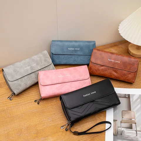 Portafoglio Lungo da Donna in Pelle PU Vintage Trapuntato con Doppia Cerniera Pochette con Cinturino da Polso Grande Capacità