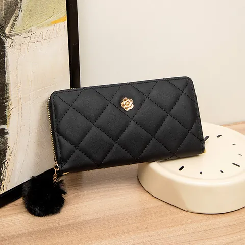Women Quilted Rhombus Long Wallet PU Leather Large Capacity Zip Purse With Gold Floral Hardware And Pom Pom Pendant