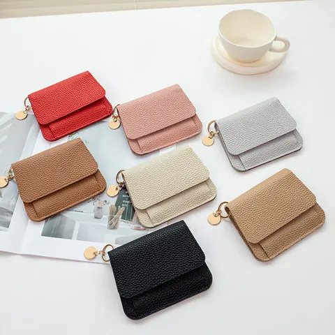 Minimalista Mini Portamonete in Pelle PU con Motivo a Litchi Portacarte per Donna Ciondolo Tondo Oro Portafoglio Pieghevole Accessori