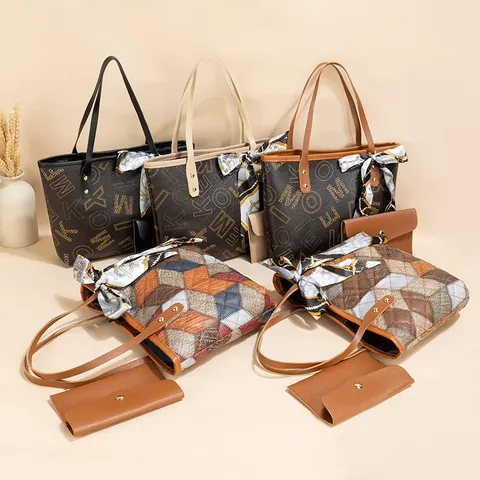 Women Retro PU Leather Tote Bag With Matching Pouch And Decorative Scarf Geometric Patchwork Letter Print Shoulder Handbag