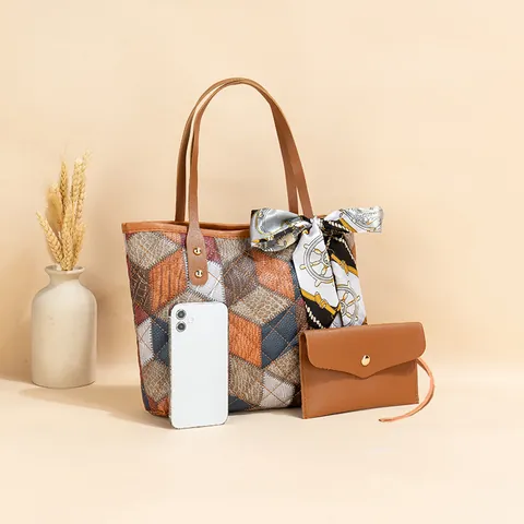 Women Retro PU Leather Tote Bag With Matching Pouch And Decorative Scarf Geometric Patchwork Letter Print Shoulder Handbag