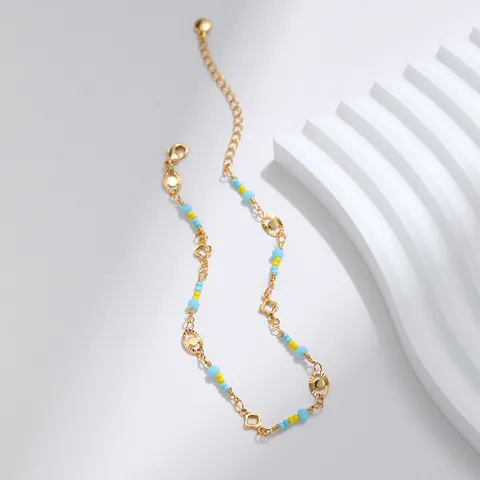Chaîne de Cheville Bohème en Laiton Plaqué Or 18K Pour Femmes Perles Colorées Mauvais Œil Fleur Bijoux Réglables
