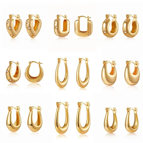 18K Gold Plated Copper Earrings Featuring Star And Heart Patterns With Cubic Zirconia Chunky U Shaped Geometric Ear Clips Women Jewelry