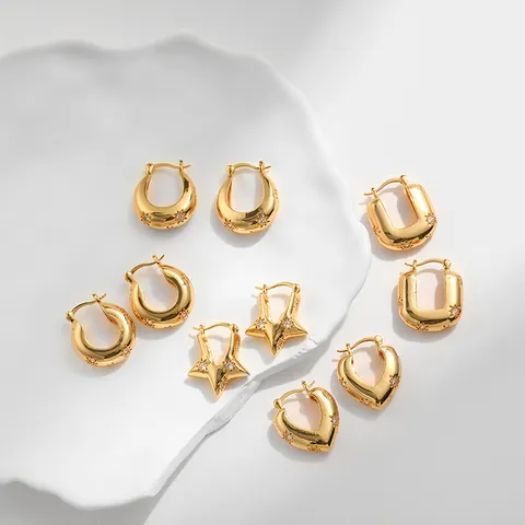 18K Gold Plated Copper Earrings Featuring Star And Heart Patterns With Cubic Zirconia Chunky U Shaped Geometric Ear Clips Women Jewelry