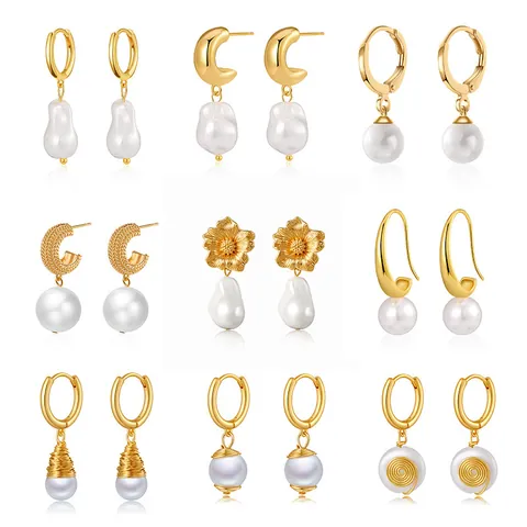 Vintage Artificial Baroque Pearl Earrings For Women Gold Plated Copper Heart Flower Sea Star Zirconia Stud Drop Earrings Jewelry