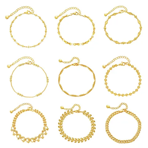 Retro 18K Gold Plated Brass Chain Bracelet For Women Minimalist Geometric Heart Leaf Star Bead Link Bracelet Jewelry Gift