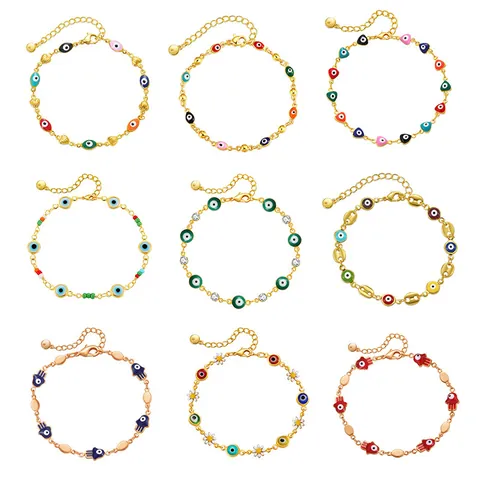18K Gold Plated Copper Evil Eye Hamsa Hand Charm Bracelet For Women Adjustable Beaded Chain Bohemian Ethnic Jewelry Gift