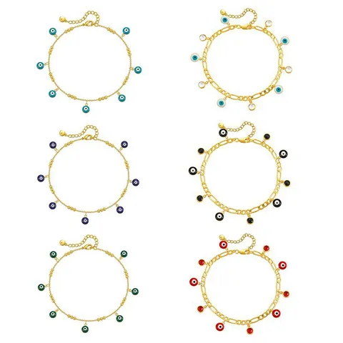 Bracelet de Cheville Mauvais Œil en Laiton Plaqué Or 18K Pour Femmes Chaîne Figaro Émail Œil Bleu Zirconium Bijoux de Pied Réglables