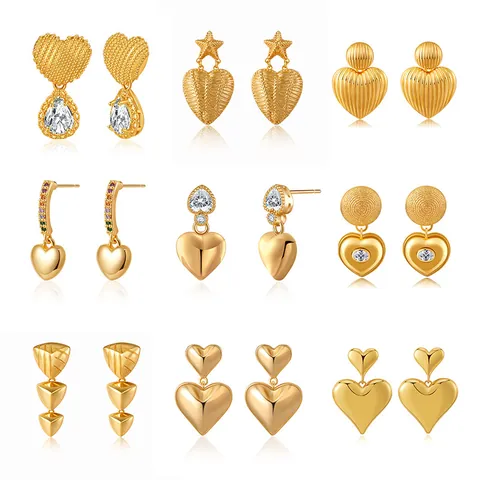 18K Gold Plated Brass Heart Drop Stud Earrings Vintage Zirconia Artificial Pearl Geometric Designer Jewelry For Women Accessory