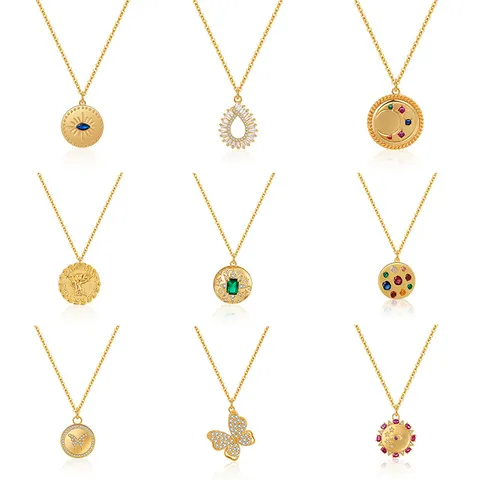 Fashion Gold Plated Copper Alloy Zirconia Pendant Necklace For Women Elegant Butterfly Evil Eye Moon Star Angel Coin Clavicle Chain Jewelry