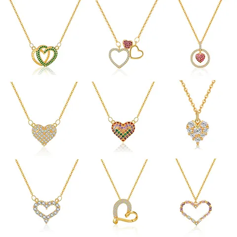 Vintage 18K Gold Plated Brass Heart Pendant Necklace For Women Elegant Cubic Zirconia Inlaid Clavicle Chain Jewelry Gift