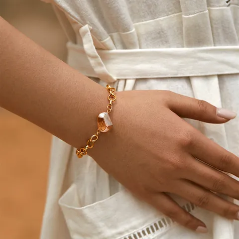 18K Vergoldetes Messing Rundschleifen Gliederketten Armband Für Damen Retro Minimalistisch Verstellbares Kristall Edelstein Armband