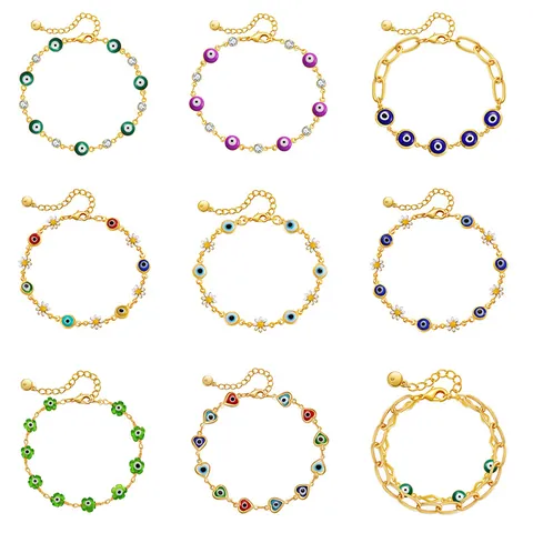 18K Gold Plated Copper Evil Eye Hamsa Hand Bracelet For Women Enamel Daisy Adjustable Ethnic Bohemian Bracelet Jewelry