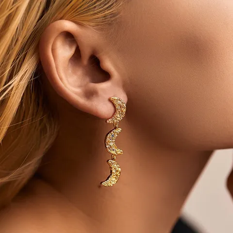 Orecchini Pendenti a Mezzaluna Martellati Irregolari Francesi Orecchini a Goccia Triplo Link Con Zirconia Colorata Placcato Oro 18K Gioielli Donna