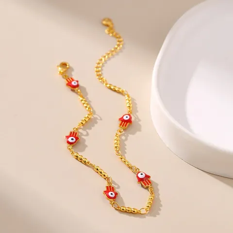 Tobillera Vintage Bañada en Oro Mano de Fátima Ojo del Mal Mujer Cadena de Cuentas Colgante de Esmalte Joyería de Playa
