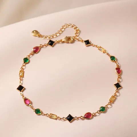 Bohemian Gold Plated Alloy Anklet With Multicolor Geometric Glass Stones For Women Beach Vacation Adjustable Foot Chain