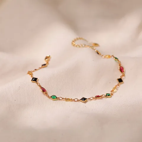 Bohemian Gold Plated Alloy Anklet With Multicolor Geometric Glass Stones For Women Beach Vacation Adjustable Foot Chain